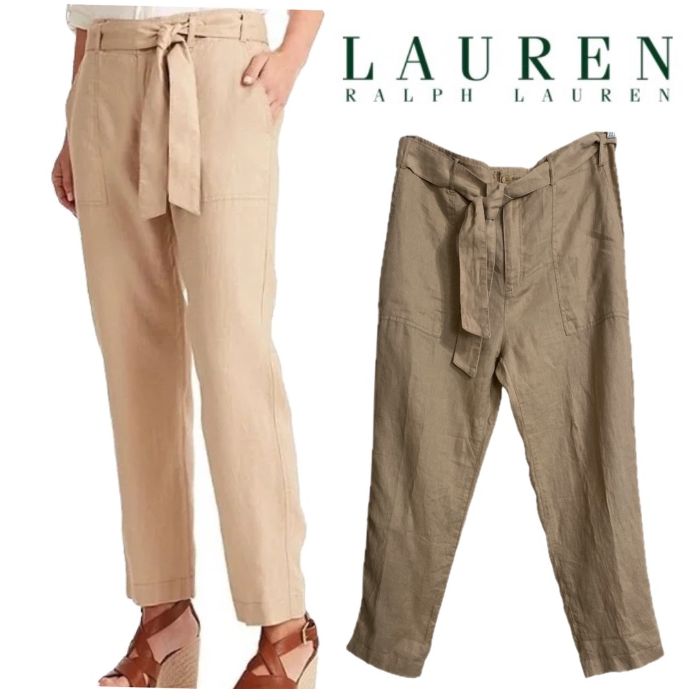 LAUREN RALPH LAUREN Tan Linen Straight Pants Belted Pockets Button Zip-up Sz 10
